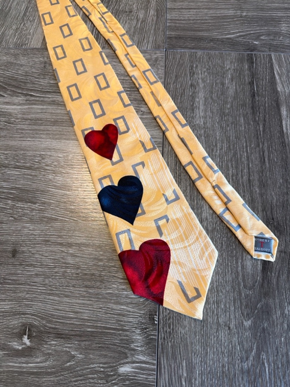 Robert Talbott Yellow Tie with Red & Blue Heart Motif